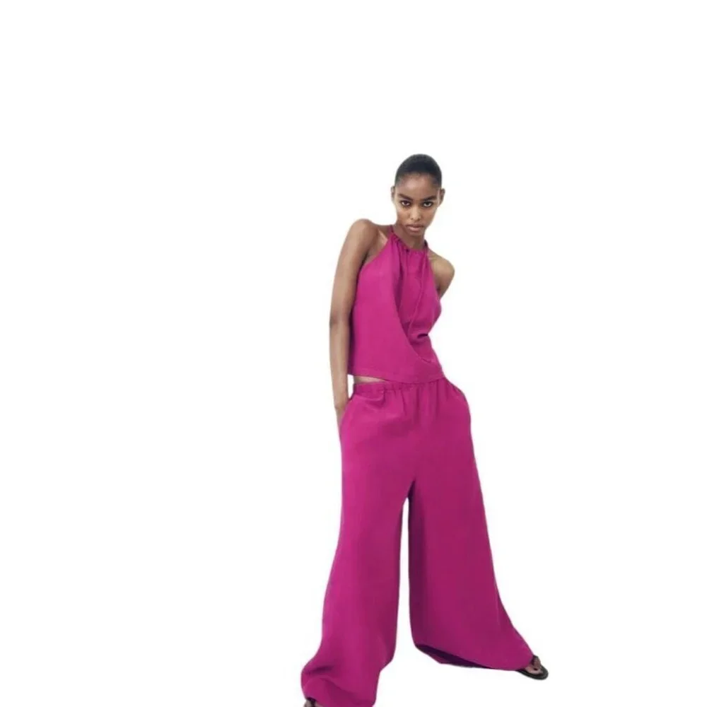 ZARA LINEN BLEND WIDE LEG PANTS FUCHSIA SIZE 4043/250